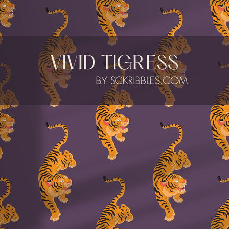 Vivid Tigress | Bold Orange & Purple Maximalist Tiger Wallpaper Wallpaper Sckribbles