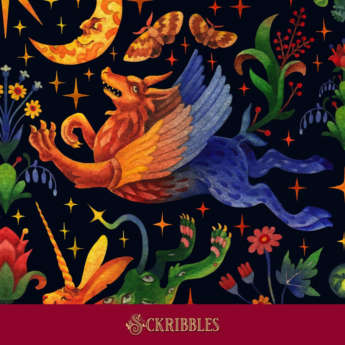 A wallpaper with bright mythical fantasy animals on a dark background.