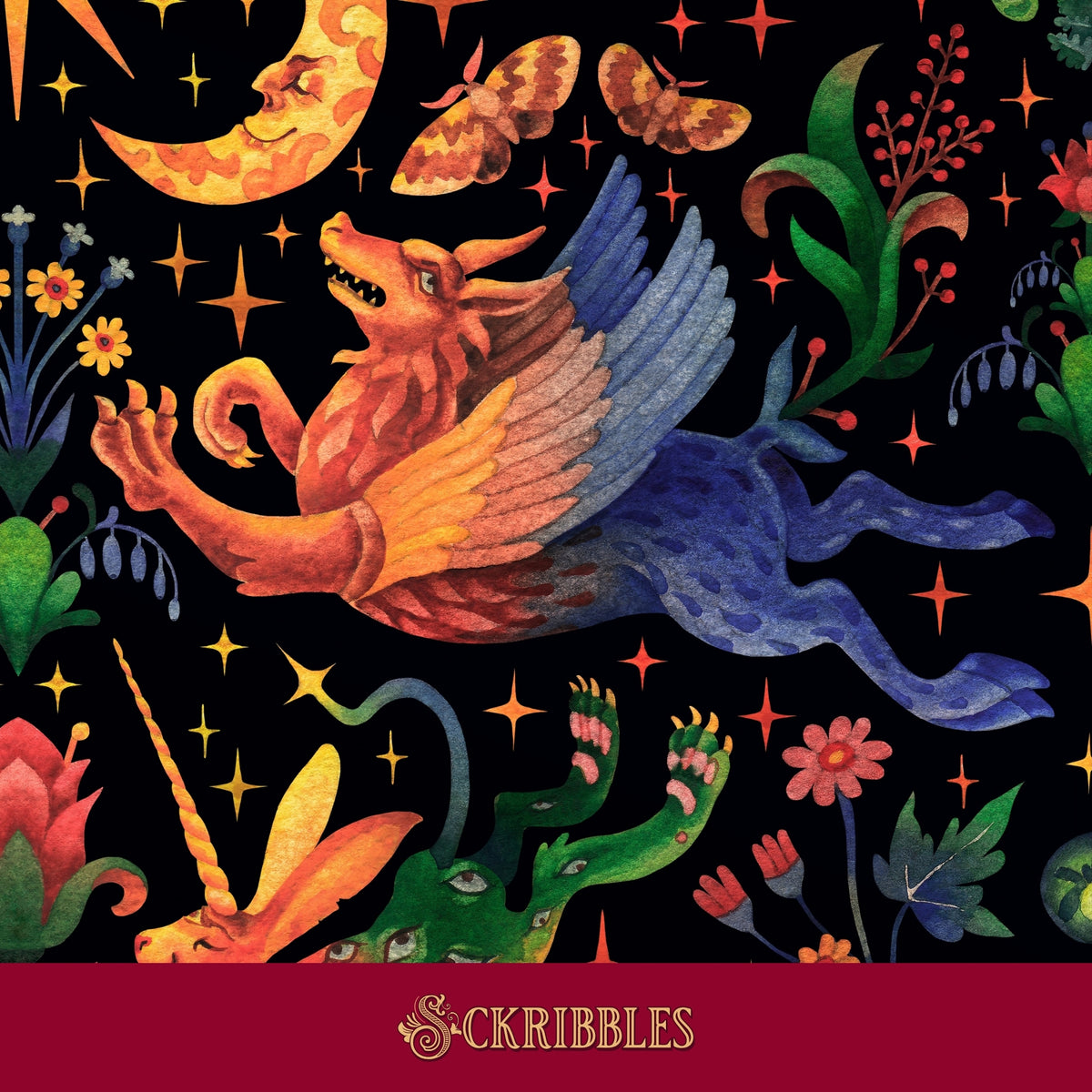 A wallpaper with bright mythical fantasy animals on a dark background.