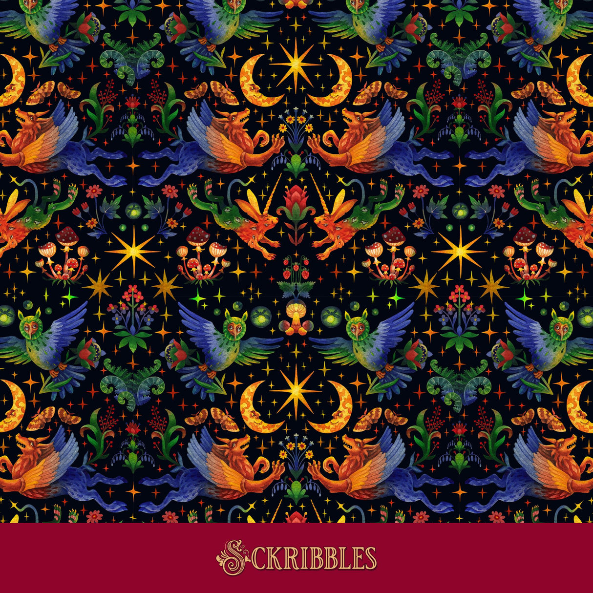 Starlit Wildings | Bright & Colorful Mythical Creatures Wallpaper Wallpaper Sckribbles