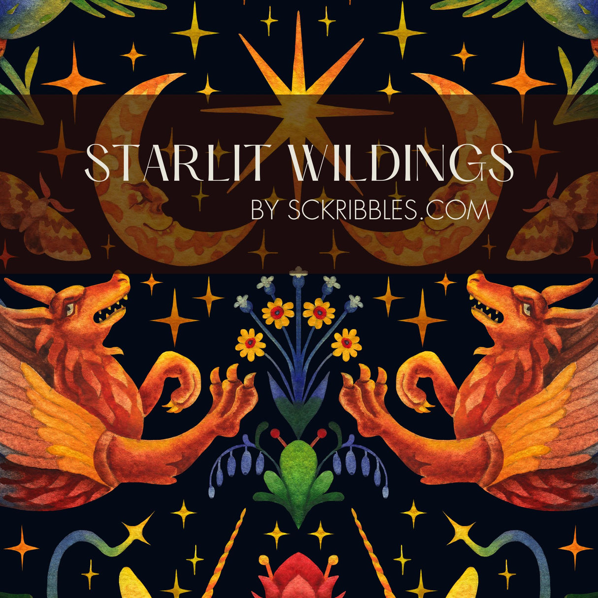 Starlit Wildings | Bright & Colorful Mythical Creatures Wallpaper Wallpaper Sckribbles