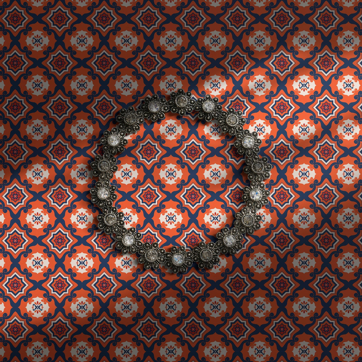 Funky bright orange and blue retro tiled wallpaper.