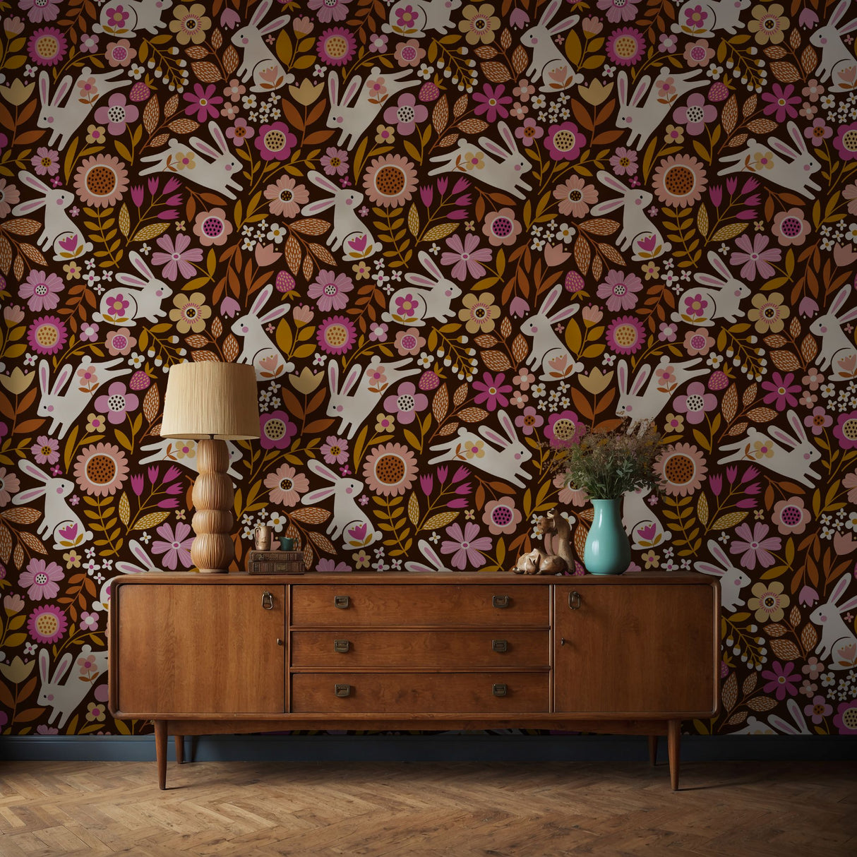Hoppy Floral | Bright Colorful Floral Retro Rabbit Children's Wallpaper Wallpaper Sckribbles