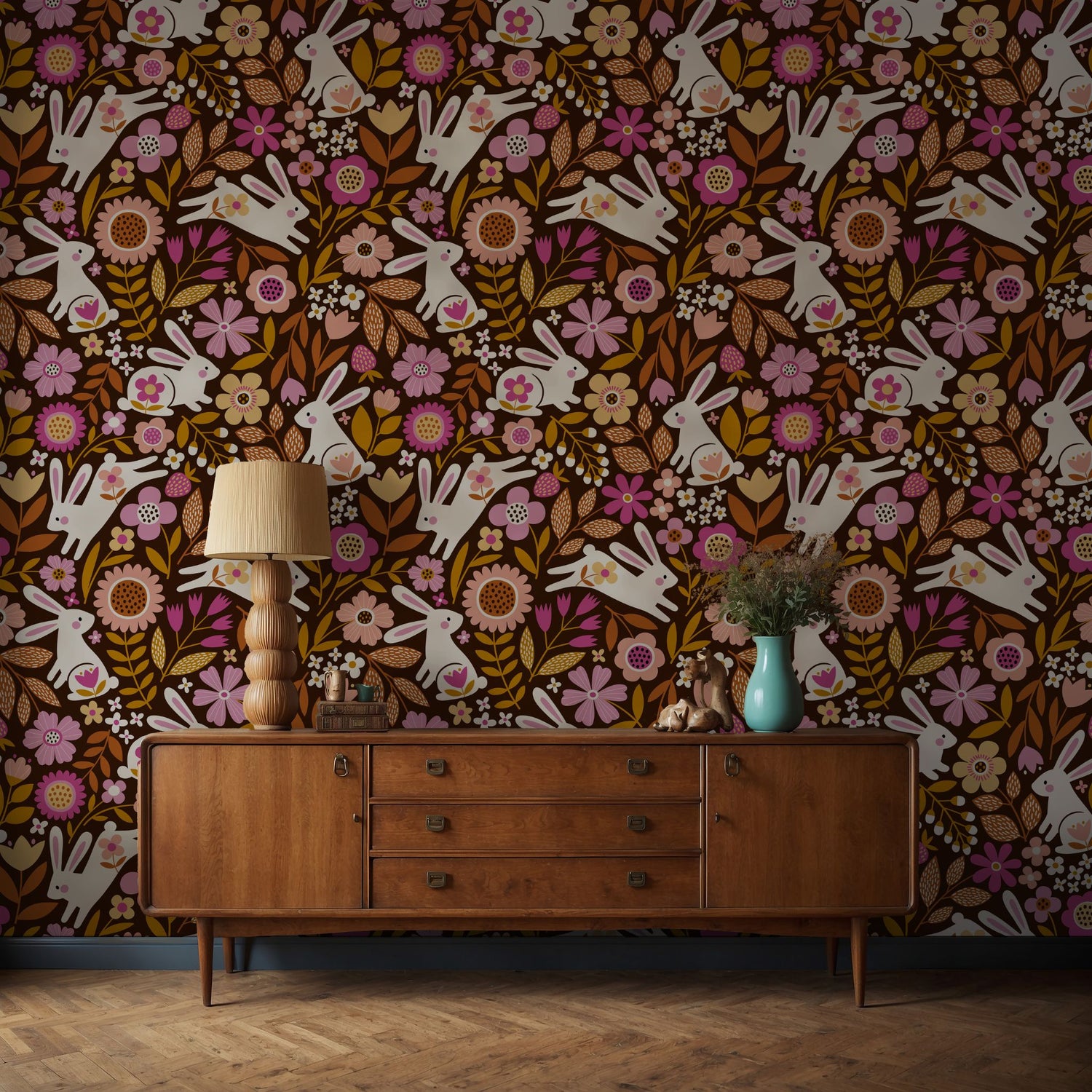 Hoppy Floral | Bright Colorful Floral Retro Rabbit Children's Wallpaper Wallpaper Sckribbles