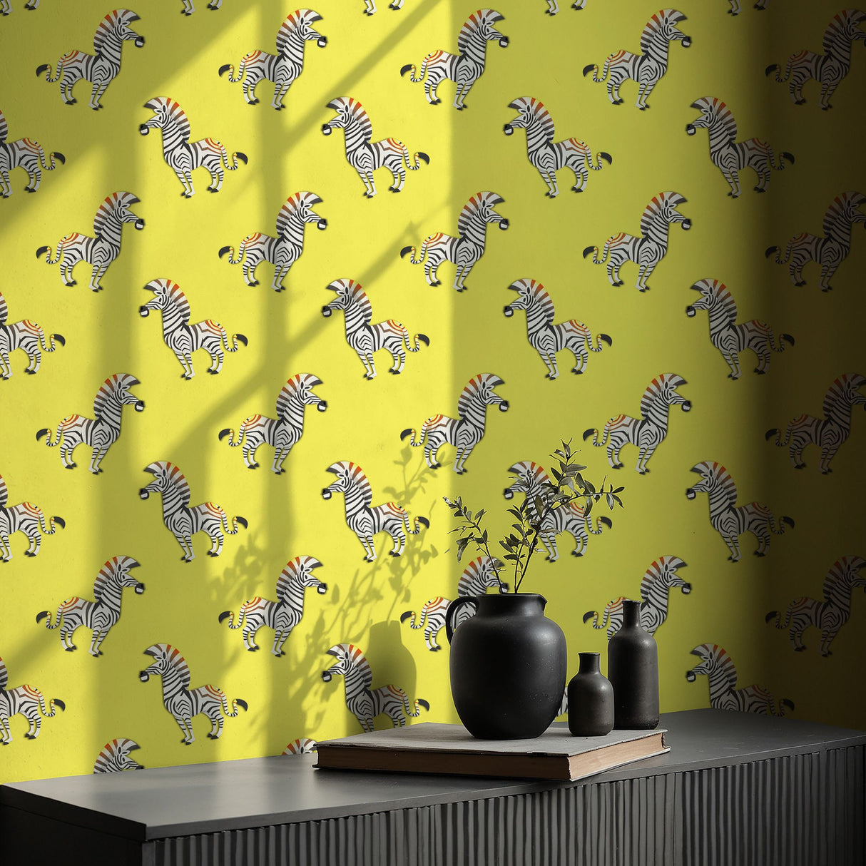 Tiny Trotters | Bold Bright Yellow Maximalist Zebra Wallpaper Wallpaper Sckribbles