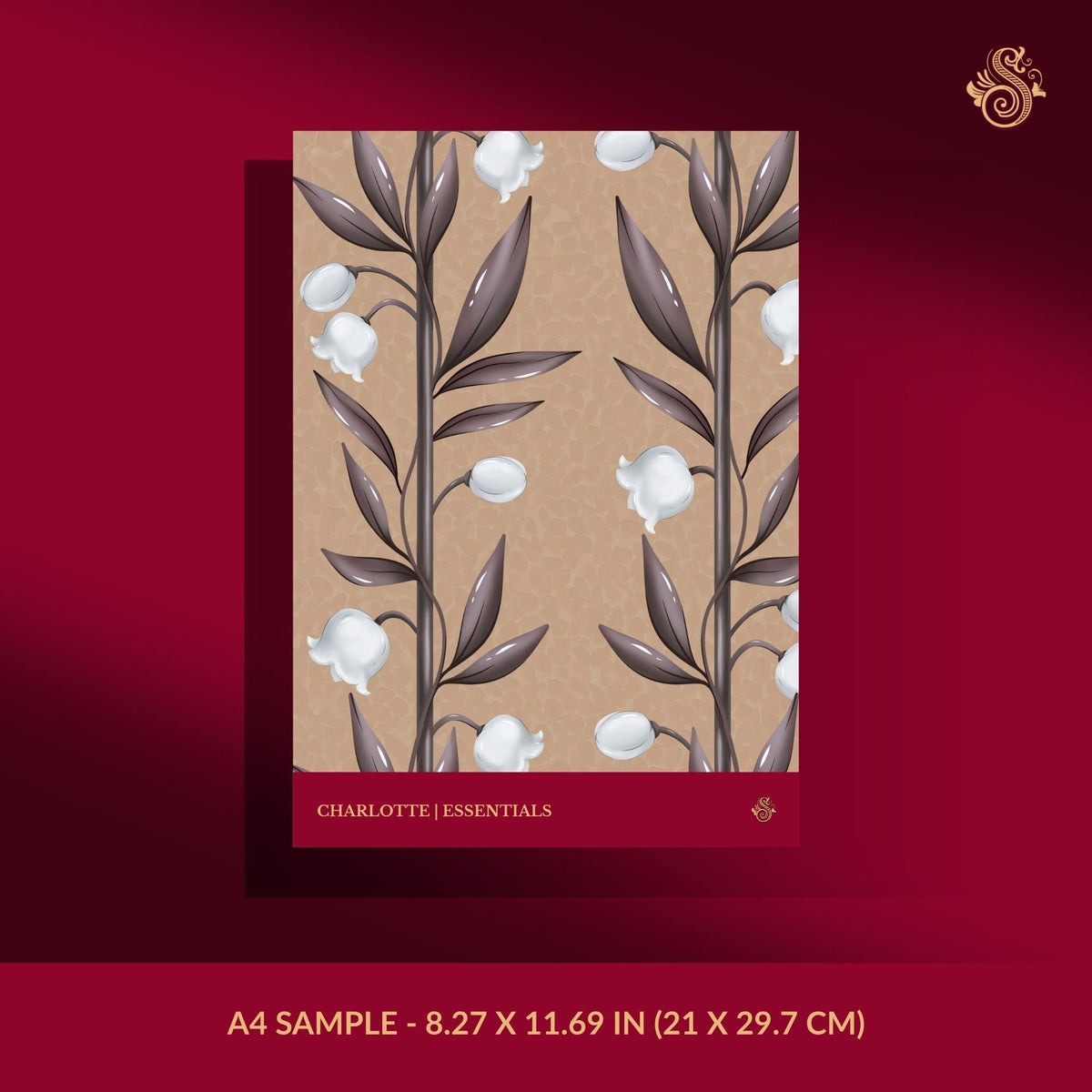 Brown feminine striped floral wallpaper sample.