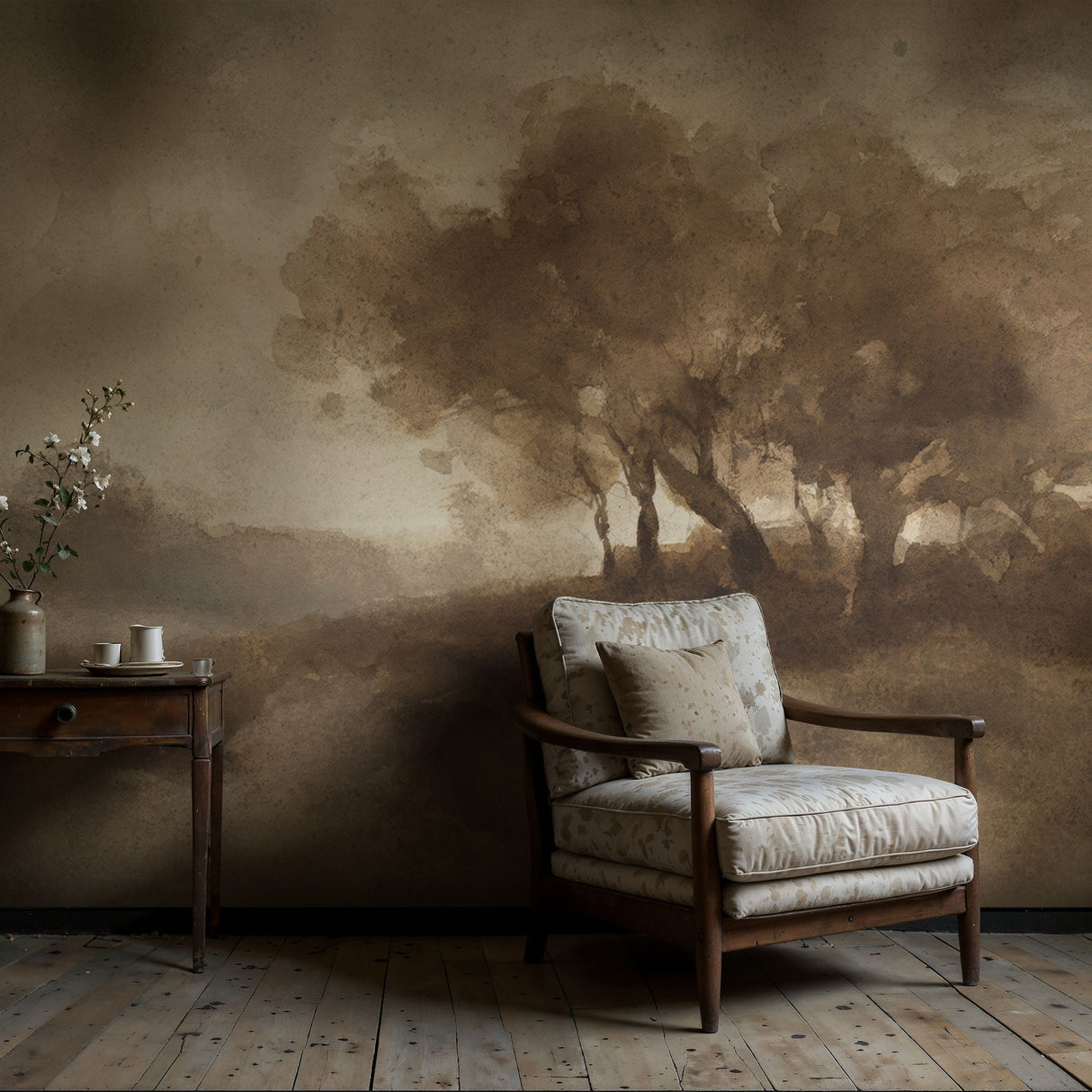 Landschap met bomen | Brown Trees Vintage Scenic Landscape Wallpaper Mural Wallpaper Mural Sckribbles