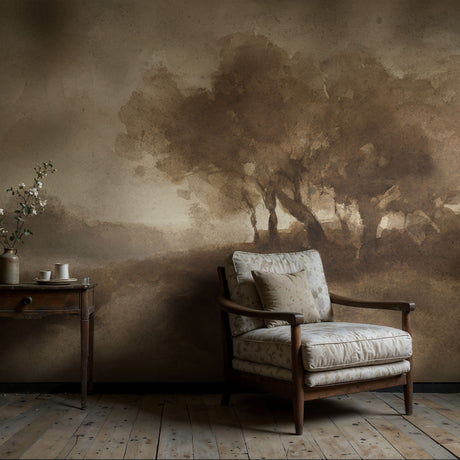 Landschap met bomen | Brown Trees Vintage Scenic Landscape Wallpaper Mural Wallpaper Mural Sckribbles
