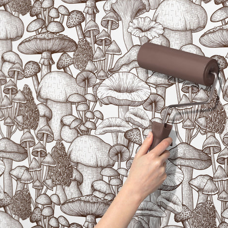 Monochrome Mushrooms | Fun Brown & White Graphic Fungi Wallpaper Wallpaper Sckribbles