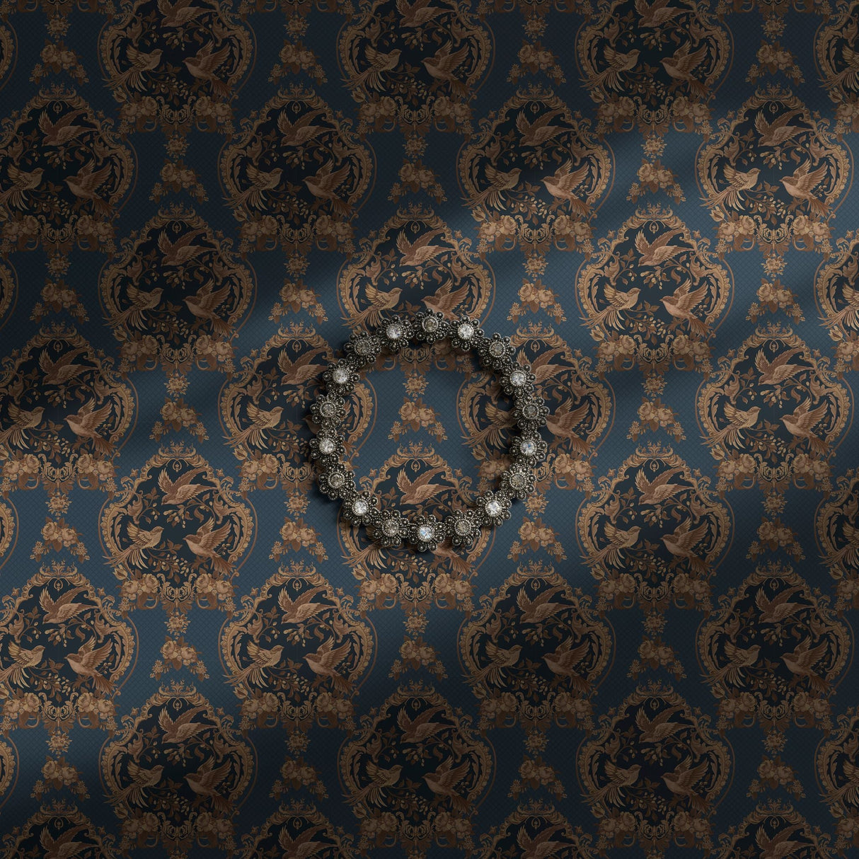 Navy blue vintage wallpaper with antique-style birds, berries, and florals.