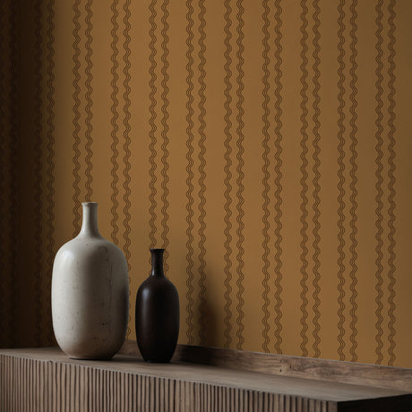 Rolling Rhythm | Caramel Brown & Black Wavy Vertical Striped Wallpaper Wallpaper Sckribbles