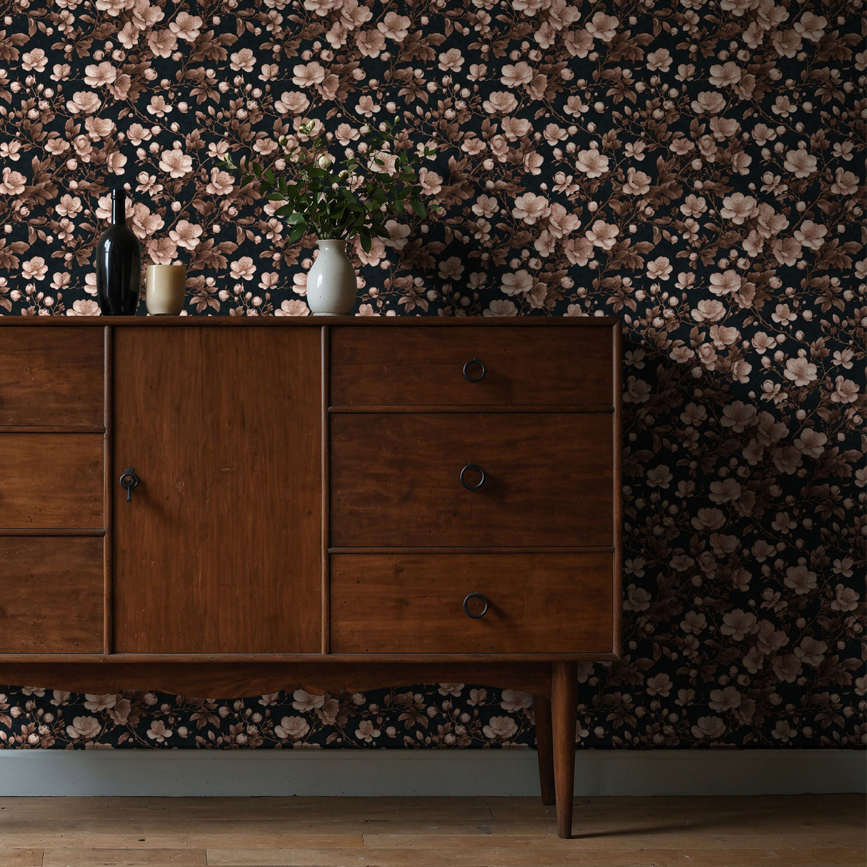 Sweet Blooms | Pink & Black Chinoiserie Cherry Blossom Wallpaper Wallpaper Sckribbles