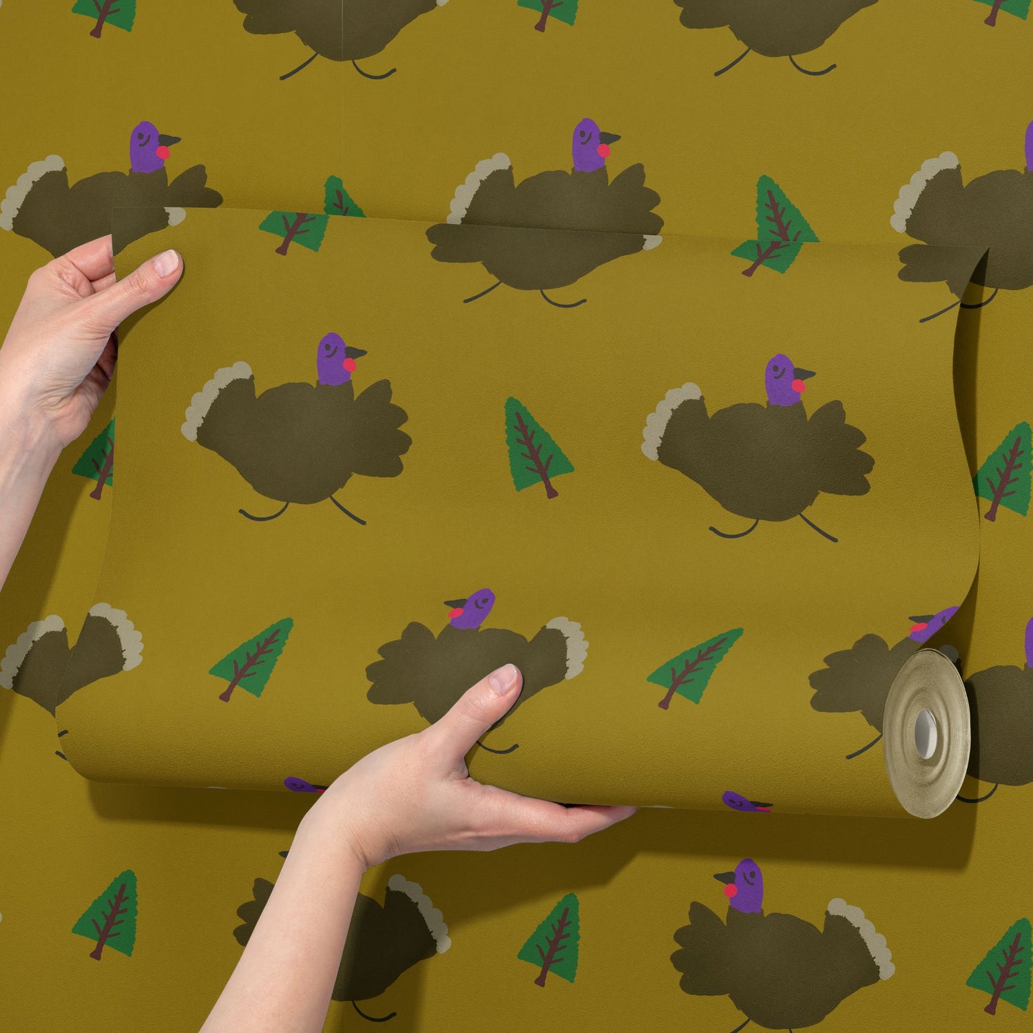 Gobble Tales | Fun Chartreuse Turkey Children's Nursery Wallpaper Wallpaper Sckribbles