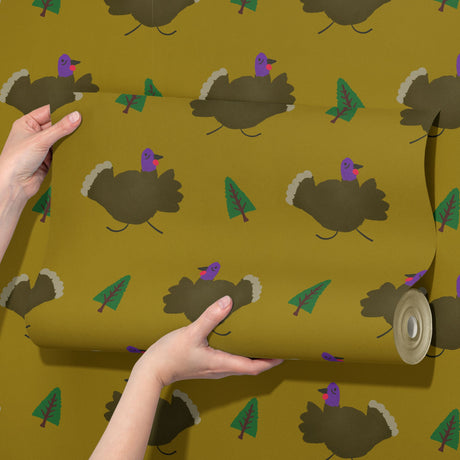 Gobble Tales | Fun Chartreuse Turkey Children's Nursery Wallpaper Wallpaper Sckribbles
