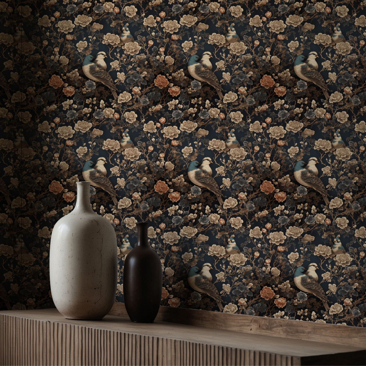 Oriental Flight | Dark Floral Bird Chinoiserie Wallpaper Wallpaper Sckribbles