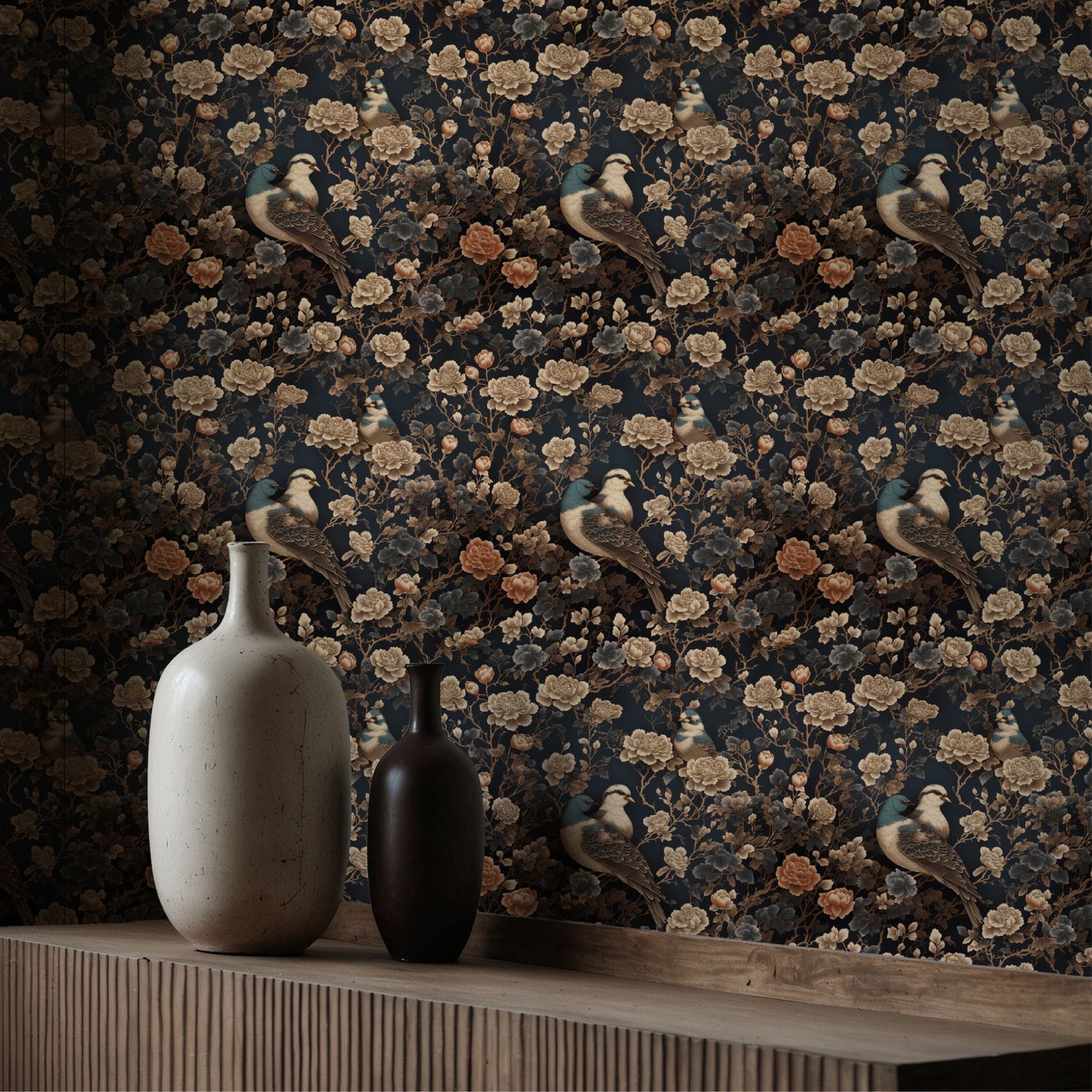 Oriental Flight | Dark Floral Bird Chinoiserie Wallpaper Wallpaper Sckribbles