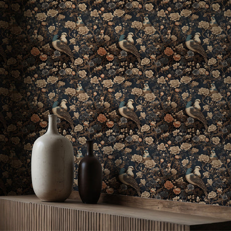 Oriental Flight | Dark Floral Bird Chinoiserie Wallpaper Wallpaper Sckribbles