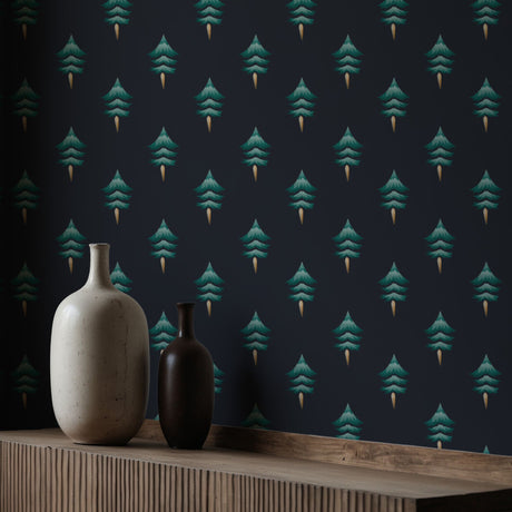 Festive Fir | Green & Blue Christmas Tree Holiday Wallpaper Wallpaper Sckribbles