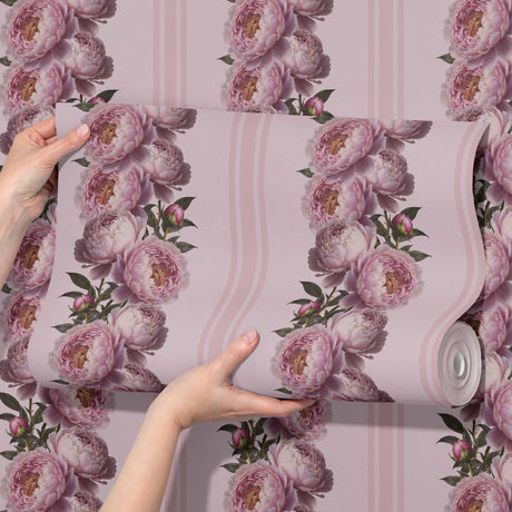 Feminine Flourish | Pink Striped Coquette Floral Peony Wallpaper Wallpaper Sckribbles