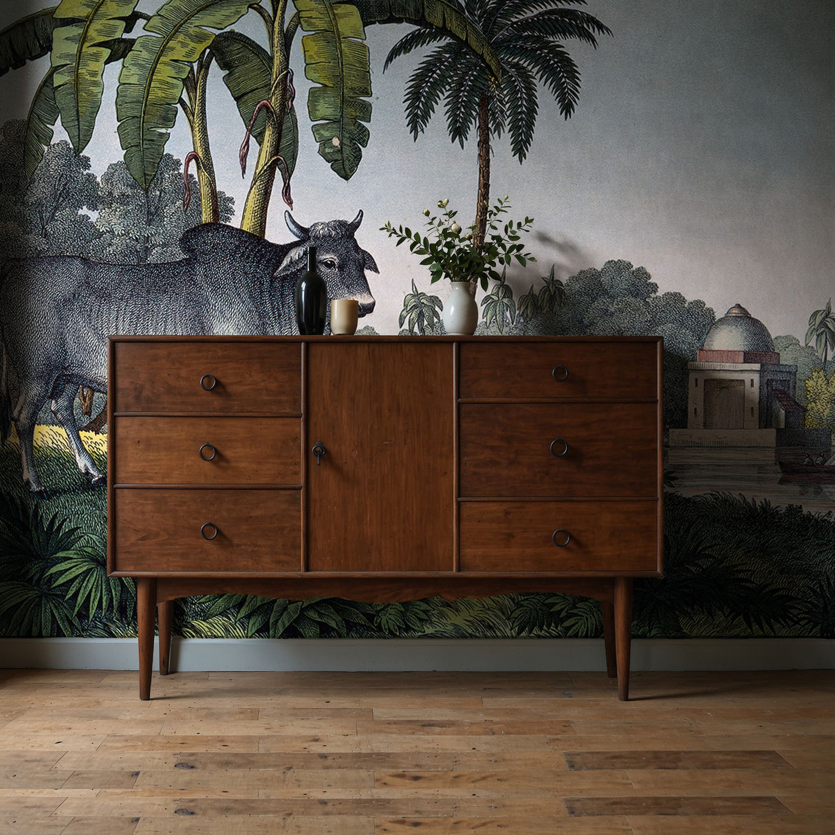 Zebu | Scenic Tropical Palm Trees with Cattle Wallpaper Mural Wallpaper Mural Sckribbles