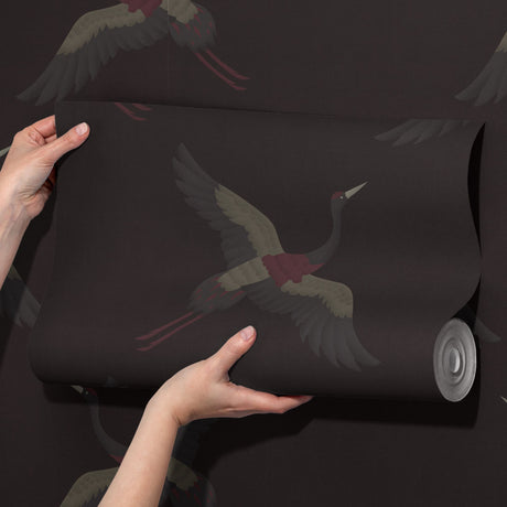 Skyward Grace | Dark Moody Maroon & Gray Crane Wallpaper Wallpaper Sckribbles