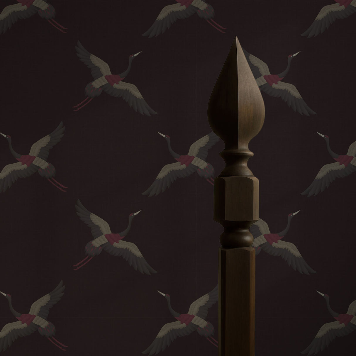 Skyward Grace | Dark Moody Maroon & Gray Crane Wallpaper Wallpaper Sckribbles