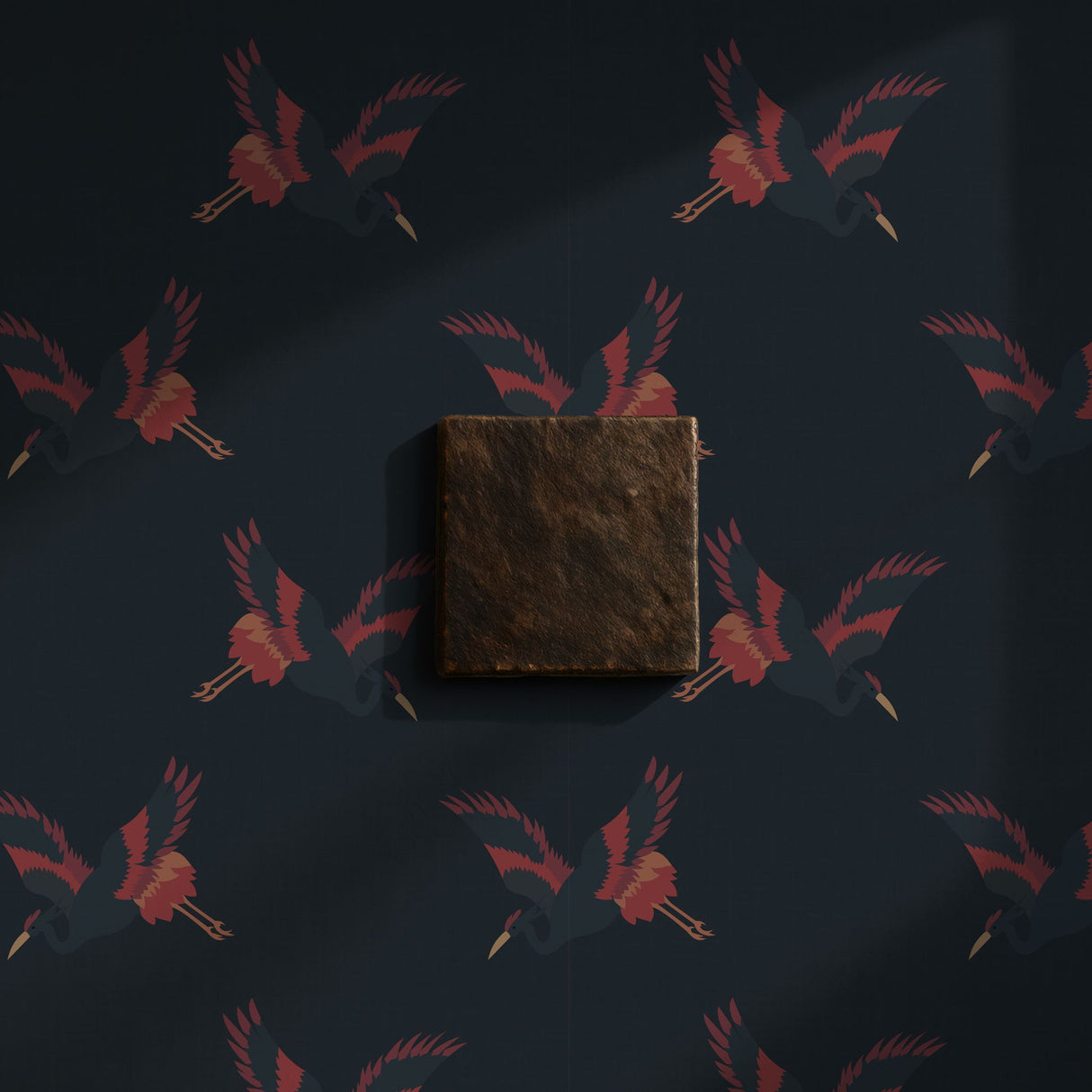 Graceful Dawn | Dark Blue & Red Asian Crane Wallpaper Wallpaper Sckribbles