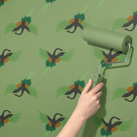 Sky Dance | Fun Bright Green Asian Crane Wallpaper Wallpaper Sckribbles