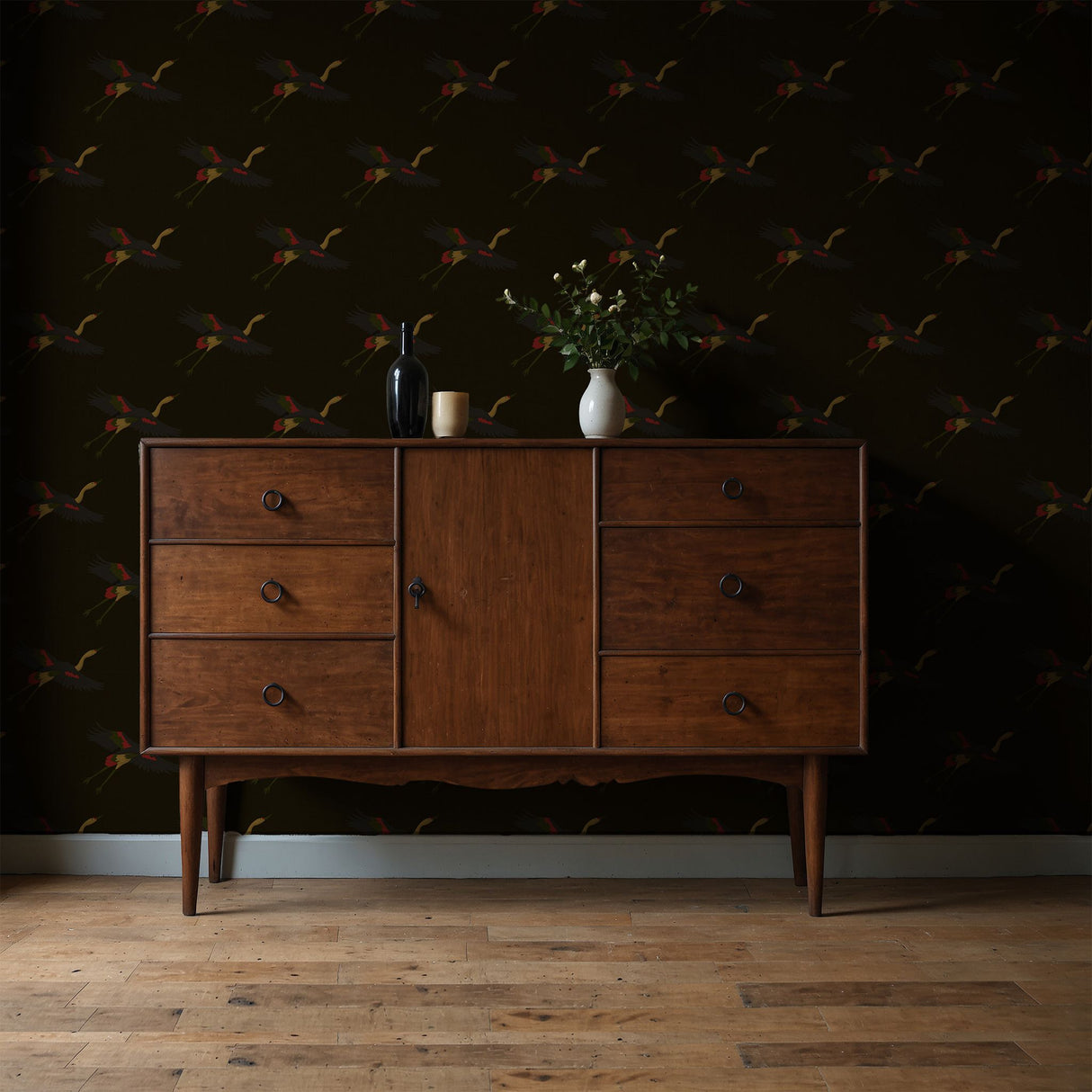 Taking Flight | Dark Moody Brown Asian Crane Wallpaper Wallpaper Sckribbles