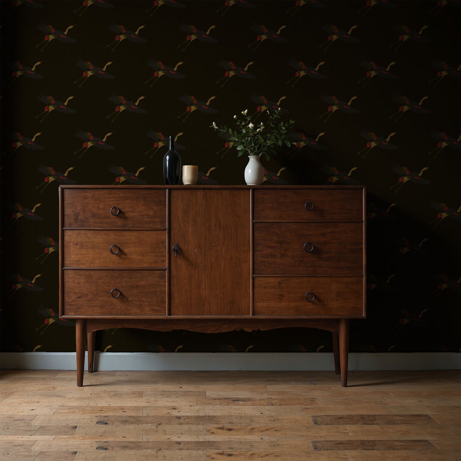 Taking Flight | Dark Moody Brown Asian Crane Wallpaper Wallpaper Sckribbles