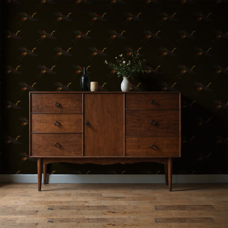 Taking Flight | Dark Moody Brown Asian Crane Wallpaper Wallpaper Sckribbles