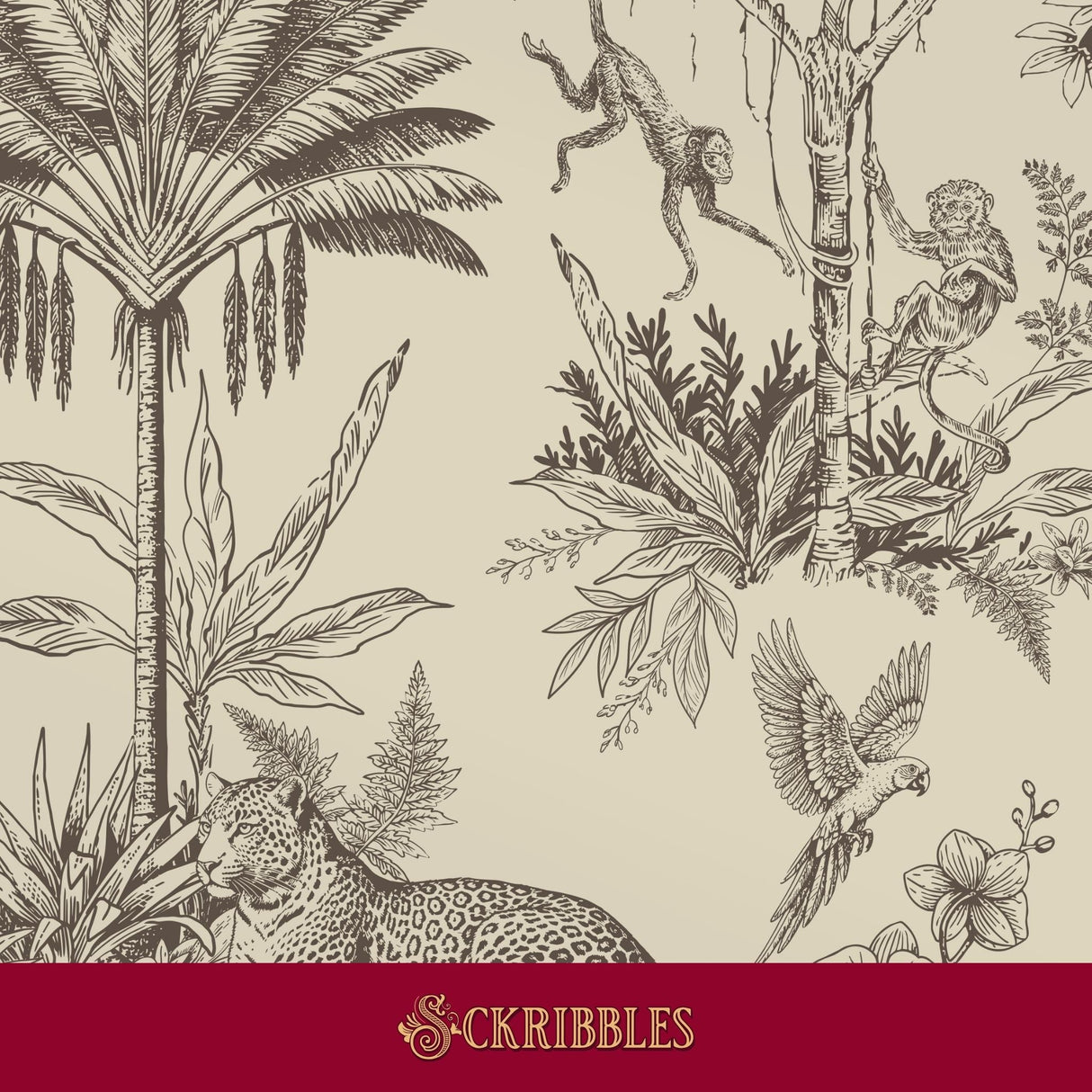 A brown vintage-style botanical and animal wallpaper on a cream background, featuring palm trees, monkeys, a leopard, a parrot, and flowers.