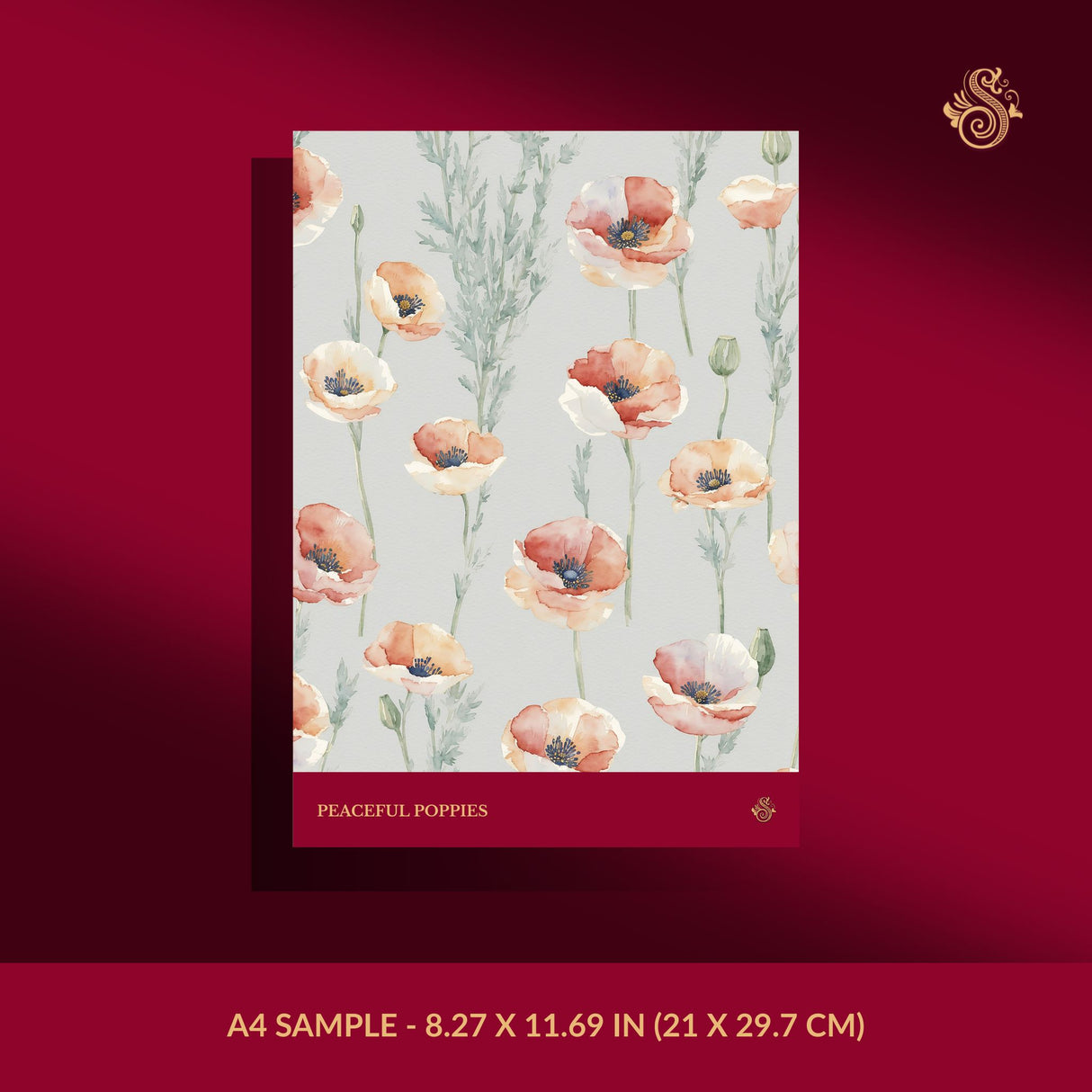 Peaceful Poppies | Cute Feminine Poppy Flower Wallpaper Wallpaper Sckribbles Signature - Premium Non-Woven A4 Sample - 8.27 × 11.69 in (21 × 29.7 cm)