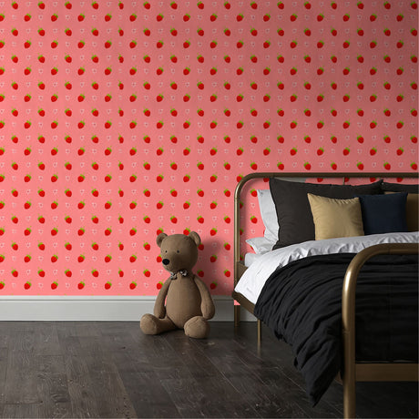 Berry Sweet | Pink Coquette Strawberry Wallpaper for Girl's Room Wallpaper Sckribbles