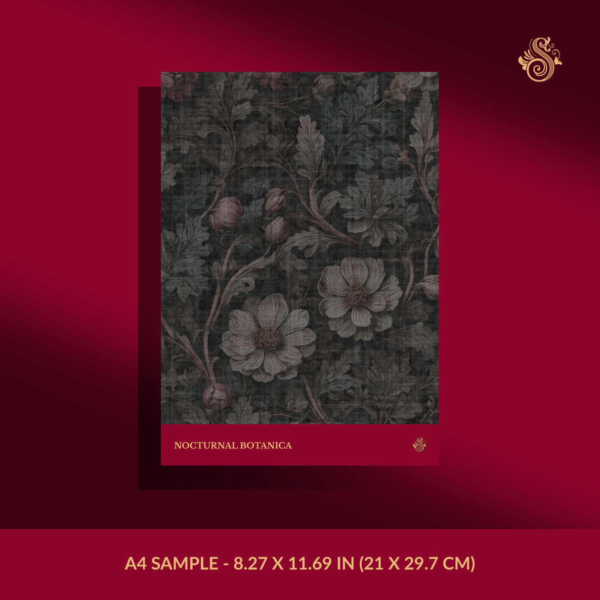 Nocturnal Botanica | Dark Academia Dramatic Moody Floral Wallpaper Wallpaper Sckribbles Signature - Premium Non-Woven A4 Sample - 8.27 × 11.69 in (21 × 29.7 cm)