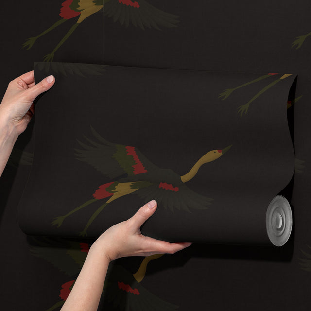 Taking Flight | Dark Moody Brown Asian Crane Wallpaper Wallpaper Sckribbles