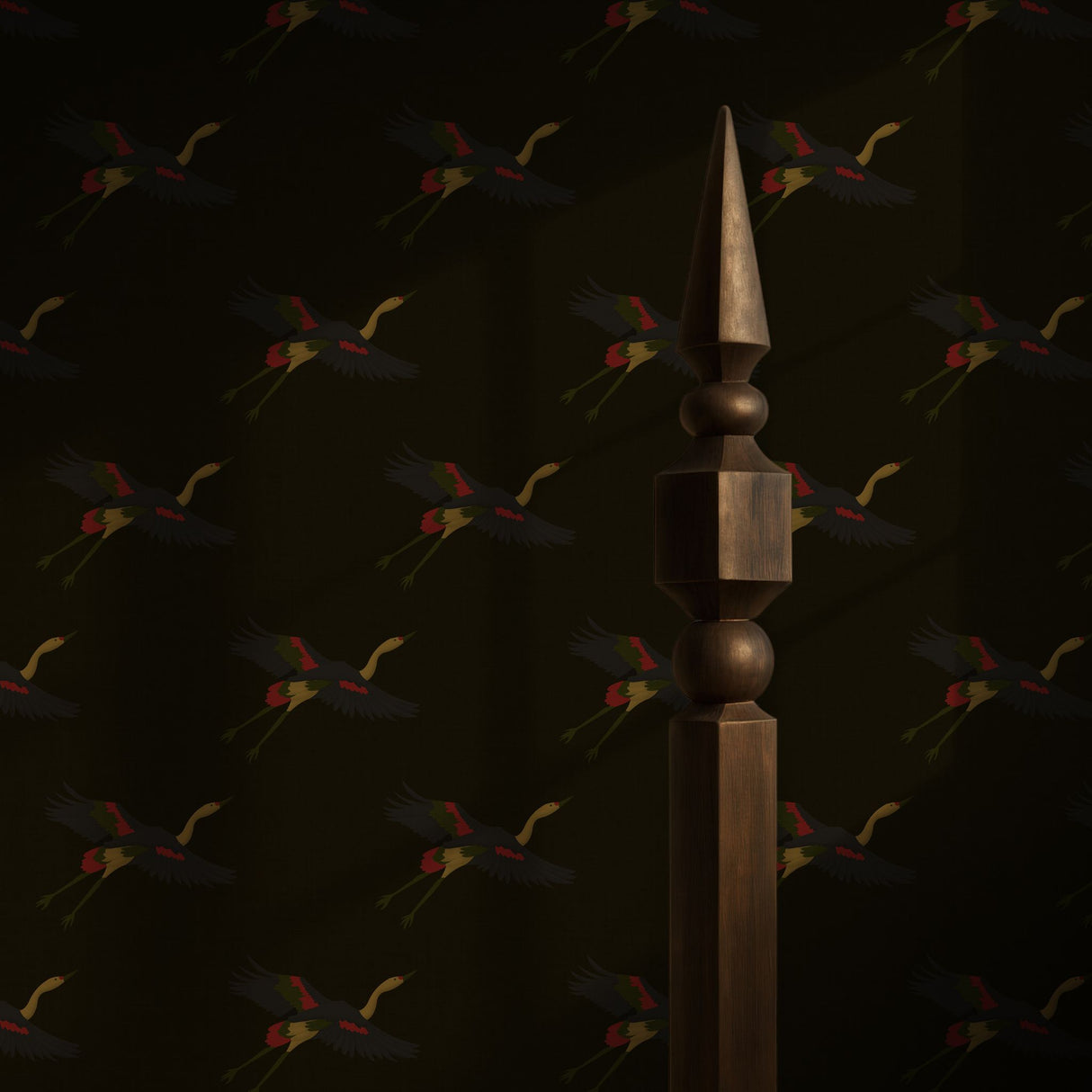 Taking Flight | Dark Moody Brown Asian Crane Wallpaper Wallpaper Sckribbles