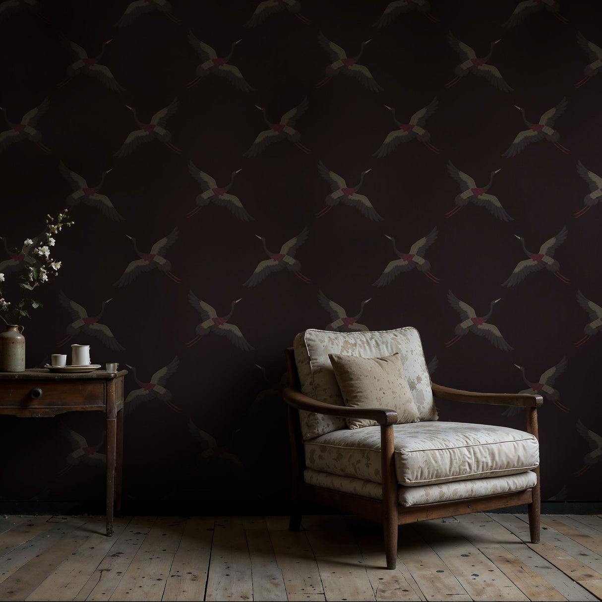 Skyward Grace | Dark Moody Maroon & Gray Crane Wallpaper Wallpaper Sckribbles