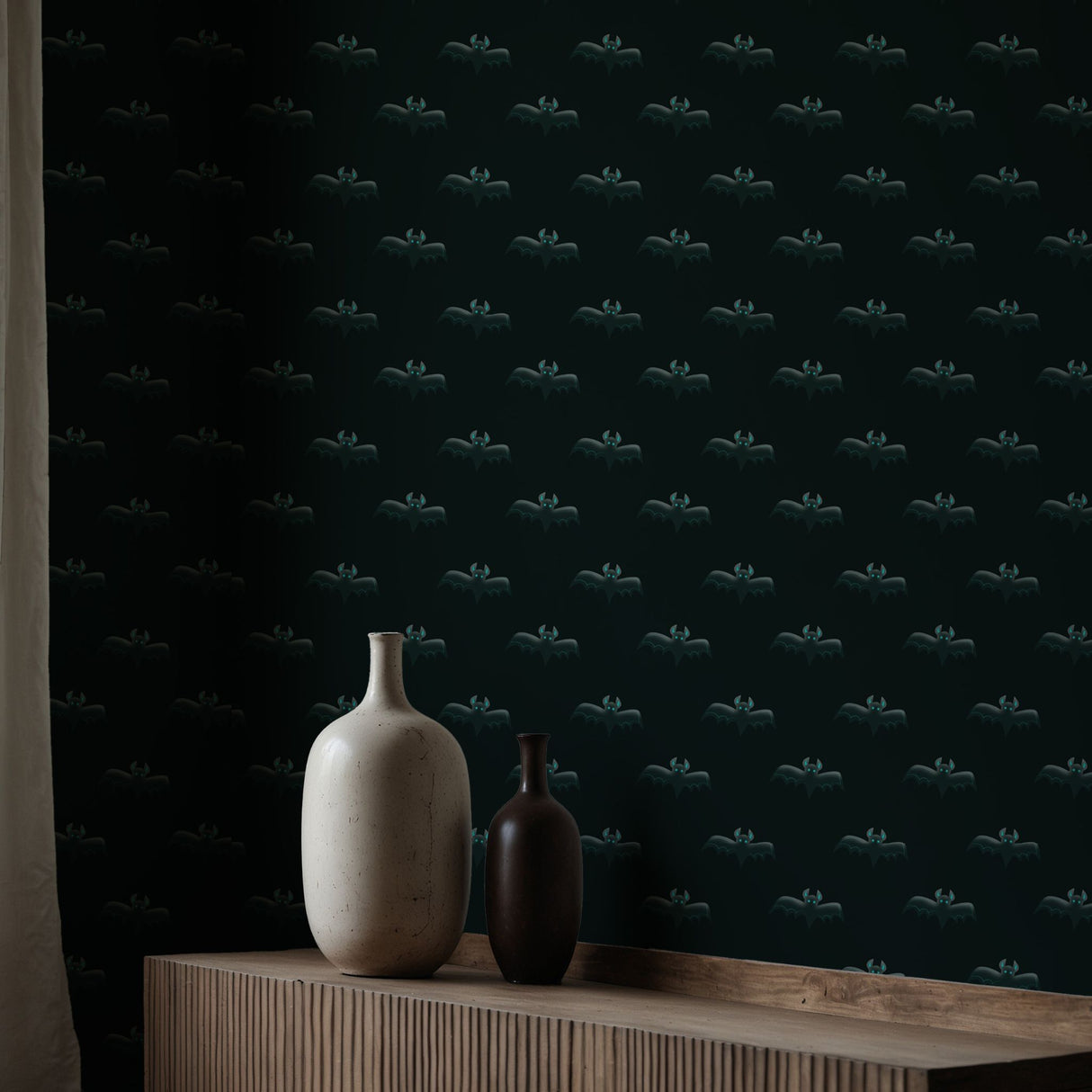 Flight of Frights | Dark Moody Blue Halloween Bat Wallpaper Wallpaper Sckribbles