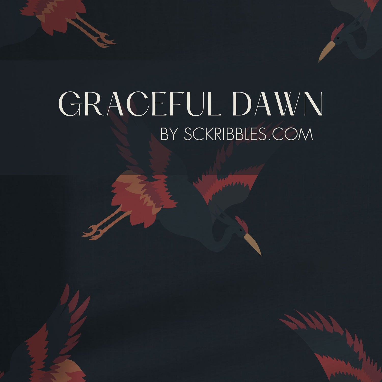 Graceful Dawn | Dark Blue & Red Asian Crane Wallpaper Wallpaper Sckribbles