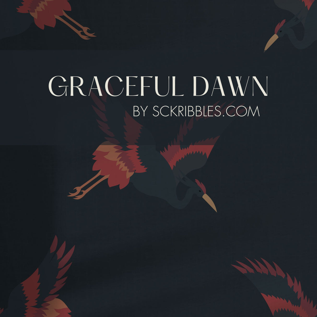 Graceful Dawn | Dark Blue & Red Asian Crane Wallpaper Wallpaper Sckribbles