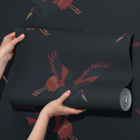 Graceful Dawn | Dark Blue & Red Asian Crane Wallpaper Wallpaper Sckribbles