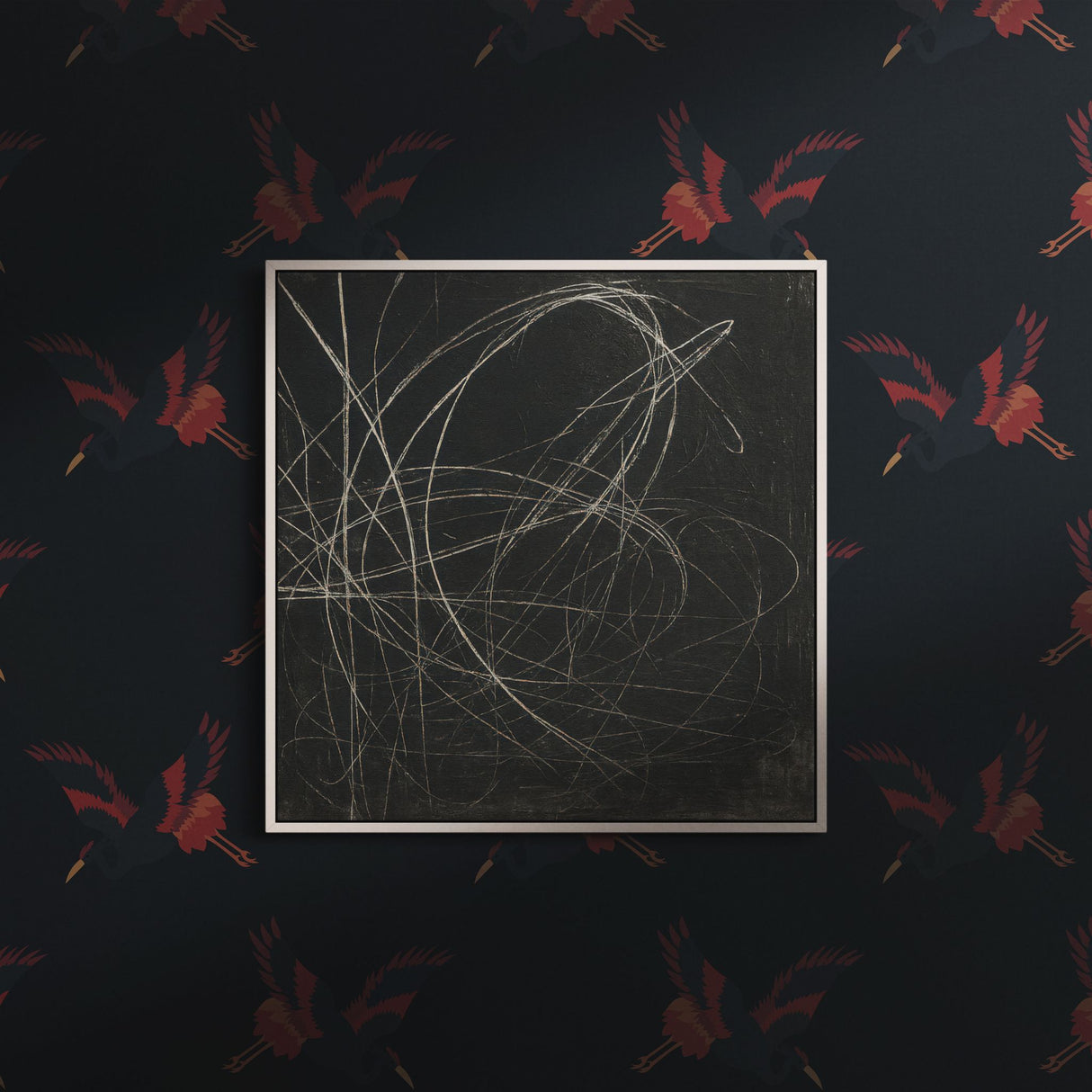 Graceful Dawn | Dark Blue & Red Asian Crane Wallpaper Wallpaper Sckribbles