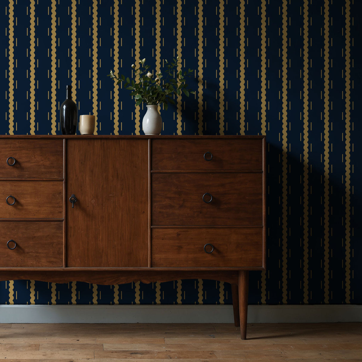 Ripple & Stripe | Dark Navy Blue Wavy Striped Wallpaper Wallpaper Sckribbles