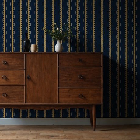 Ripple & Stripe | Dark Navy Blue Wavy Striped Wallpaper Wallpaper Sckribbles