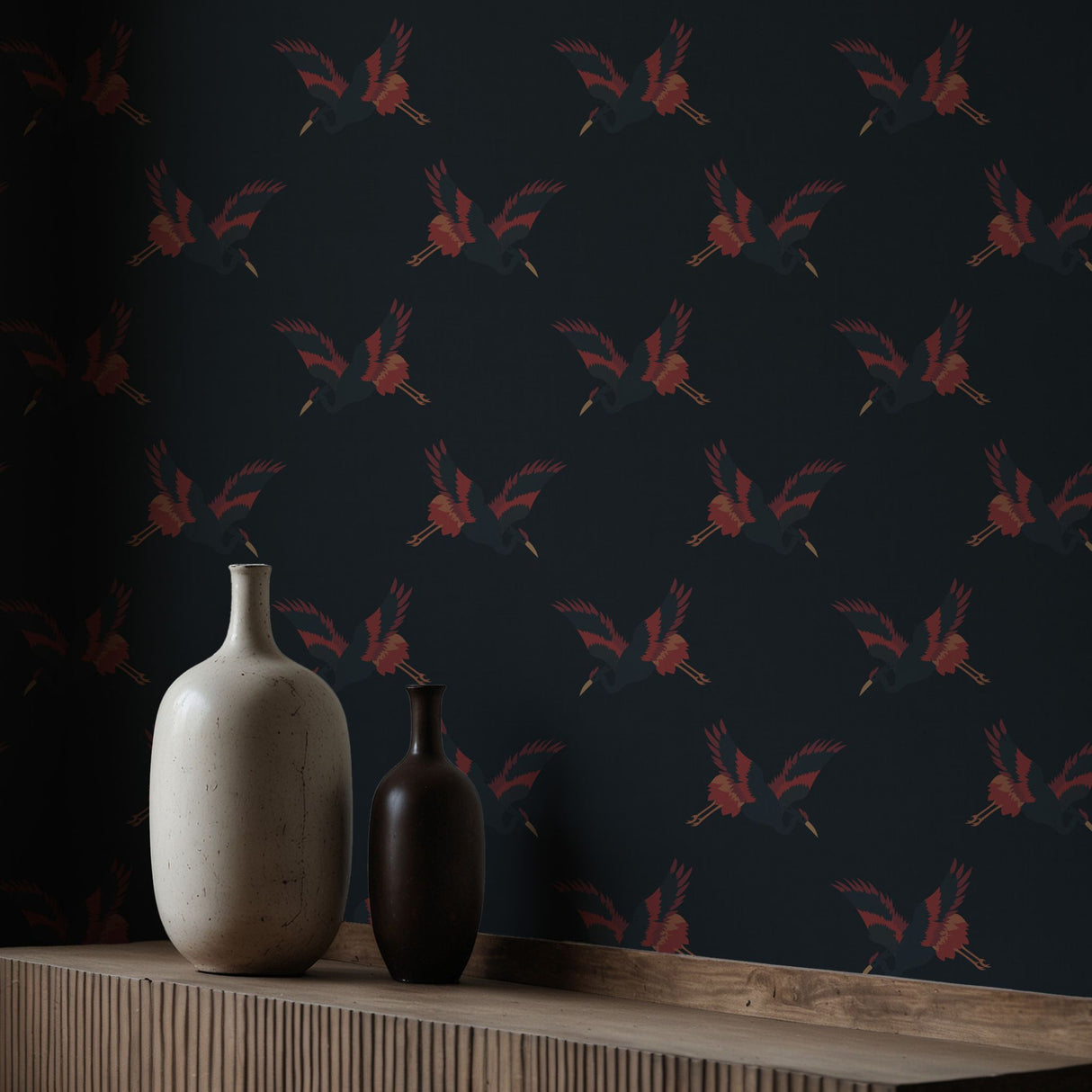 Graceful Dawn | Dark Blue & Red Asian Crane Wallpaper Wallpaper Sckribbles
