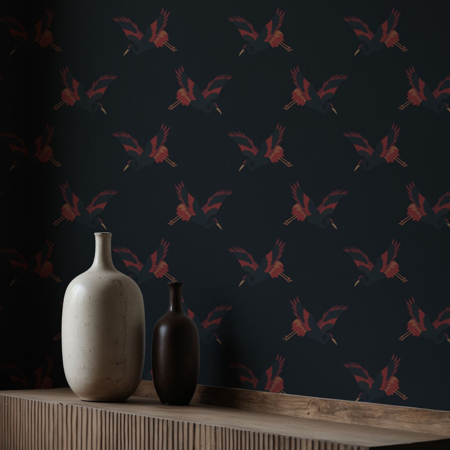 Graceful Dawn | Dark Blue & Red Asian Crane Wallpaper Wallpaper Sckribbles