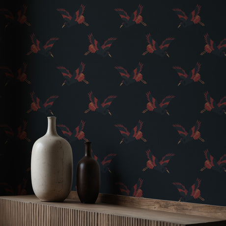 Graceful Dawn | Dark Blue & Red Asian Crane Wallpaper Wallpaper Sckribbles