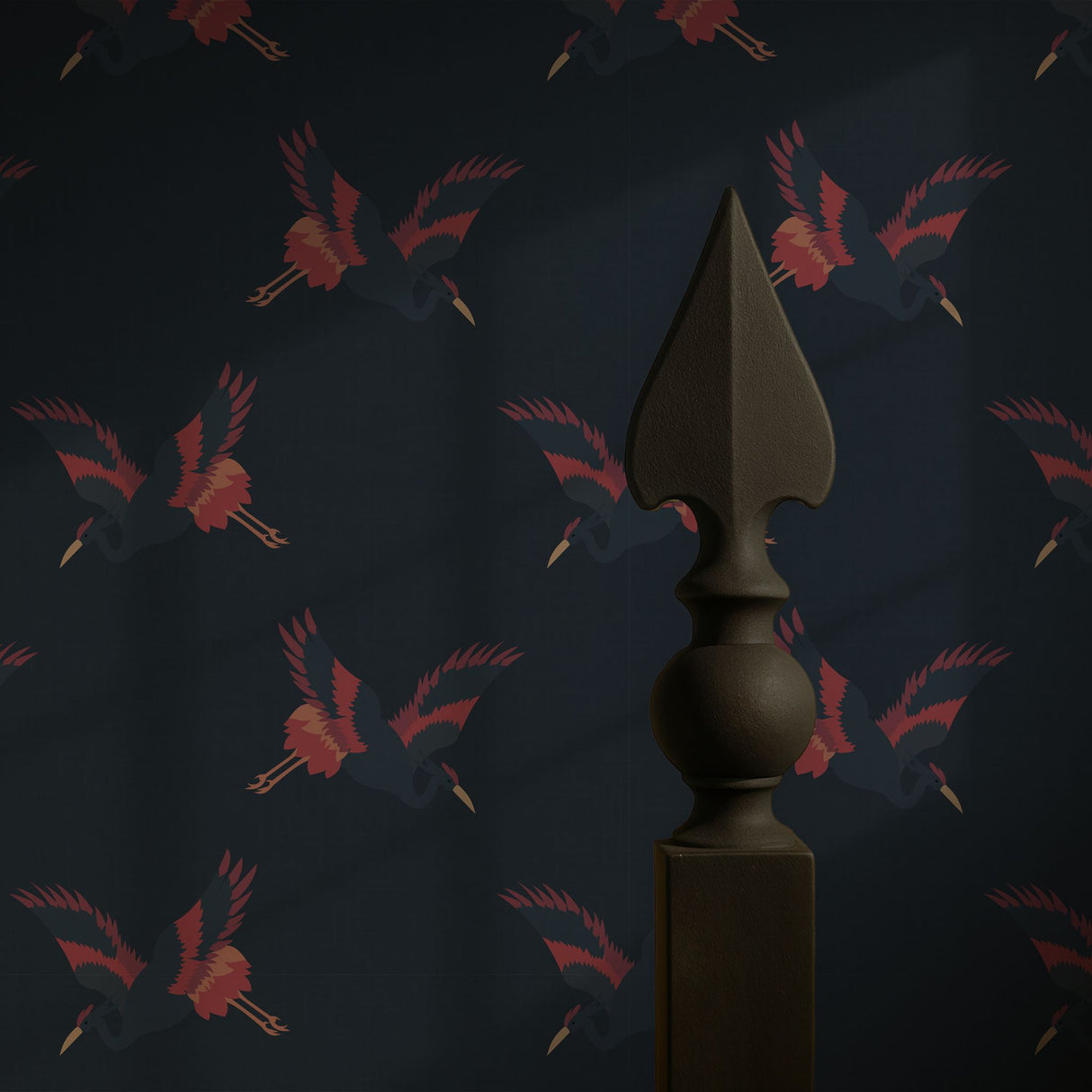 Graceful Dawn | Dark Blue & Red Asian Crane Wallpaper Wallpaper Sckribbles