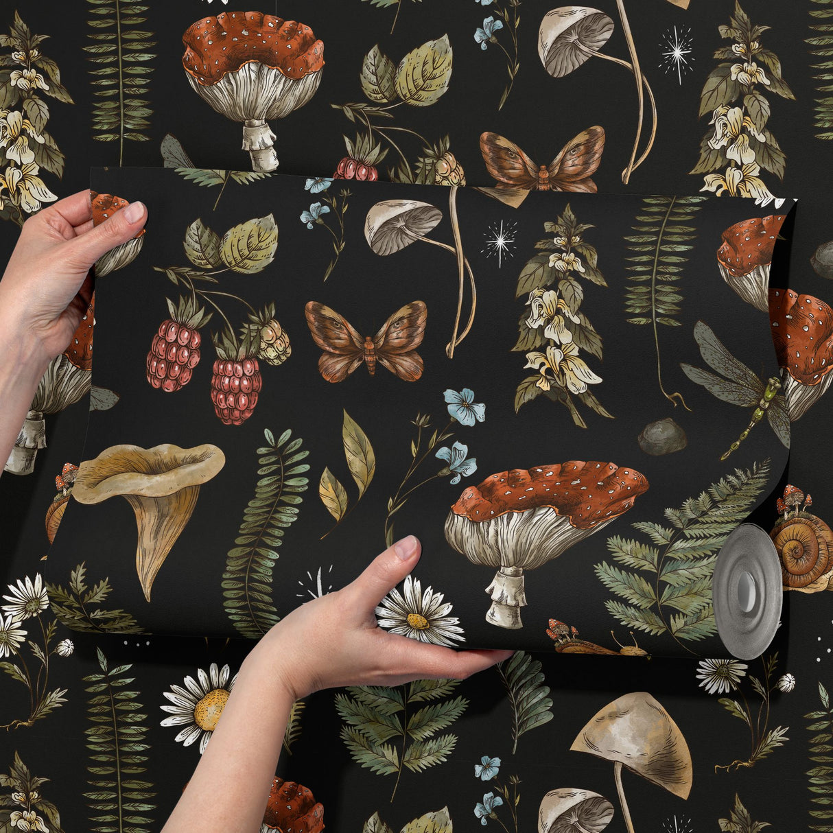 Forest Treasures | Dark Mushrooms & Ferns Botanical Forest Wallpaper Wallpaper Sckribbles